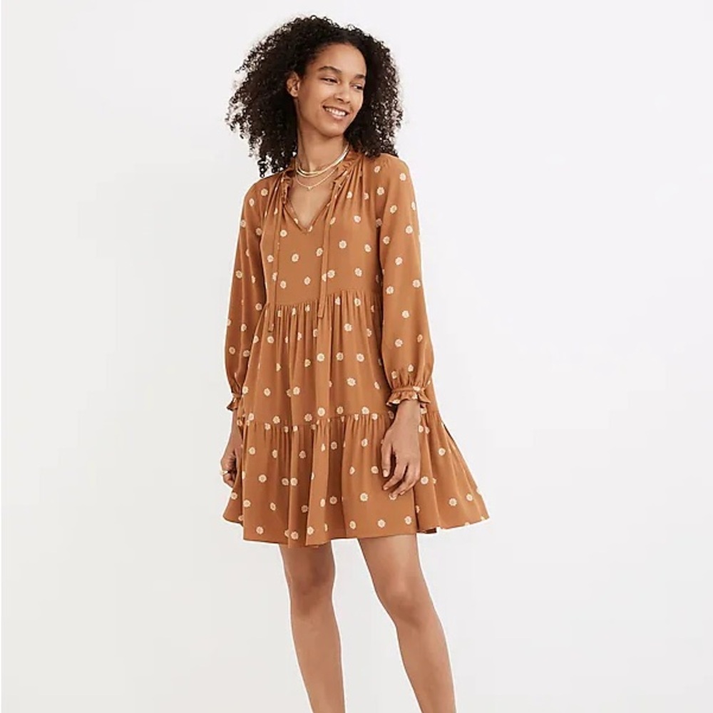 Madewell Tie-Neck Tiered Mini Dress in Bloom Dot